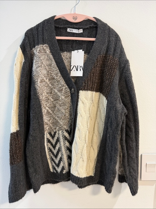 Zara Sweaters - Zara Charcoal Patchwork Cable Knit Cardigan with Cream & Brown Panels